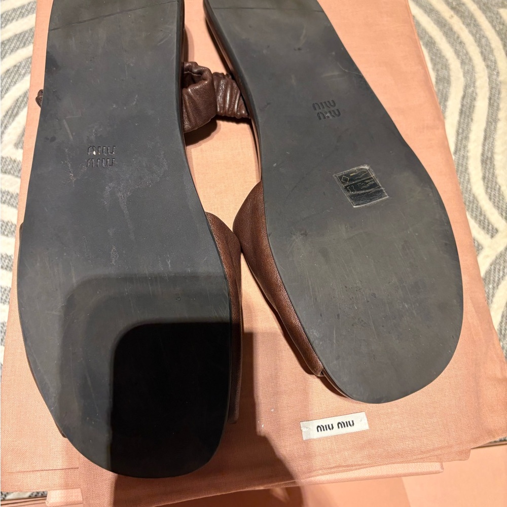 Miu Miu Brown Leather Slide Sandals with Gold Logo - Picture 6 of 7